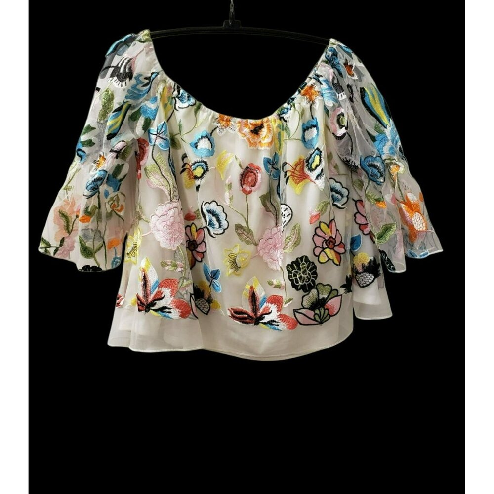 ALEXIA ADMOR Off the Shoulder Crop Blouse, Size S, Embroidery Floral Multicolor
